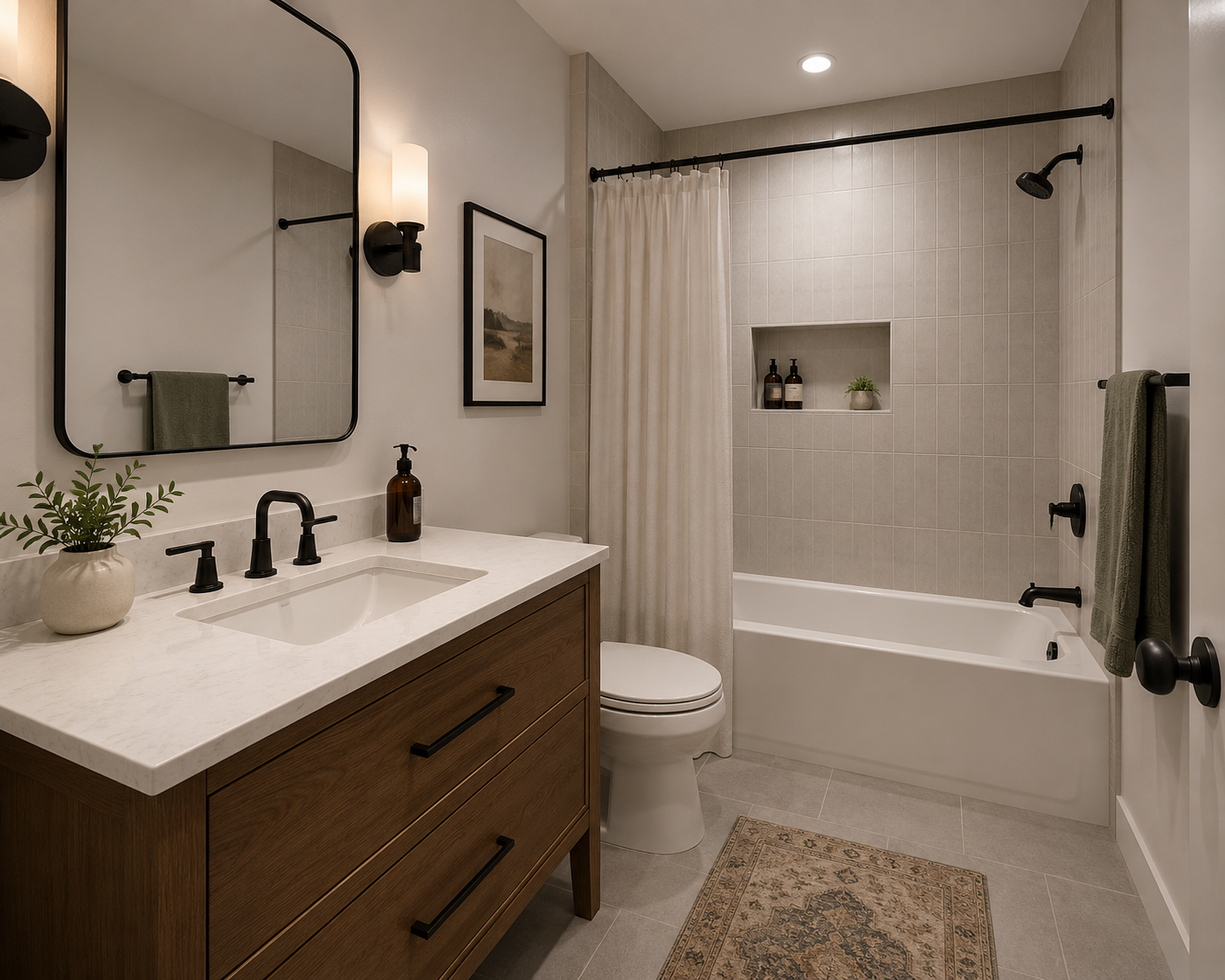 Modern bathroom remodel with wood vanity
