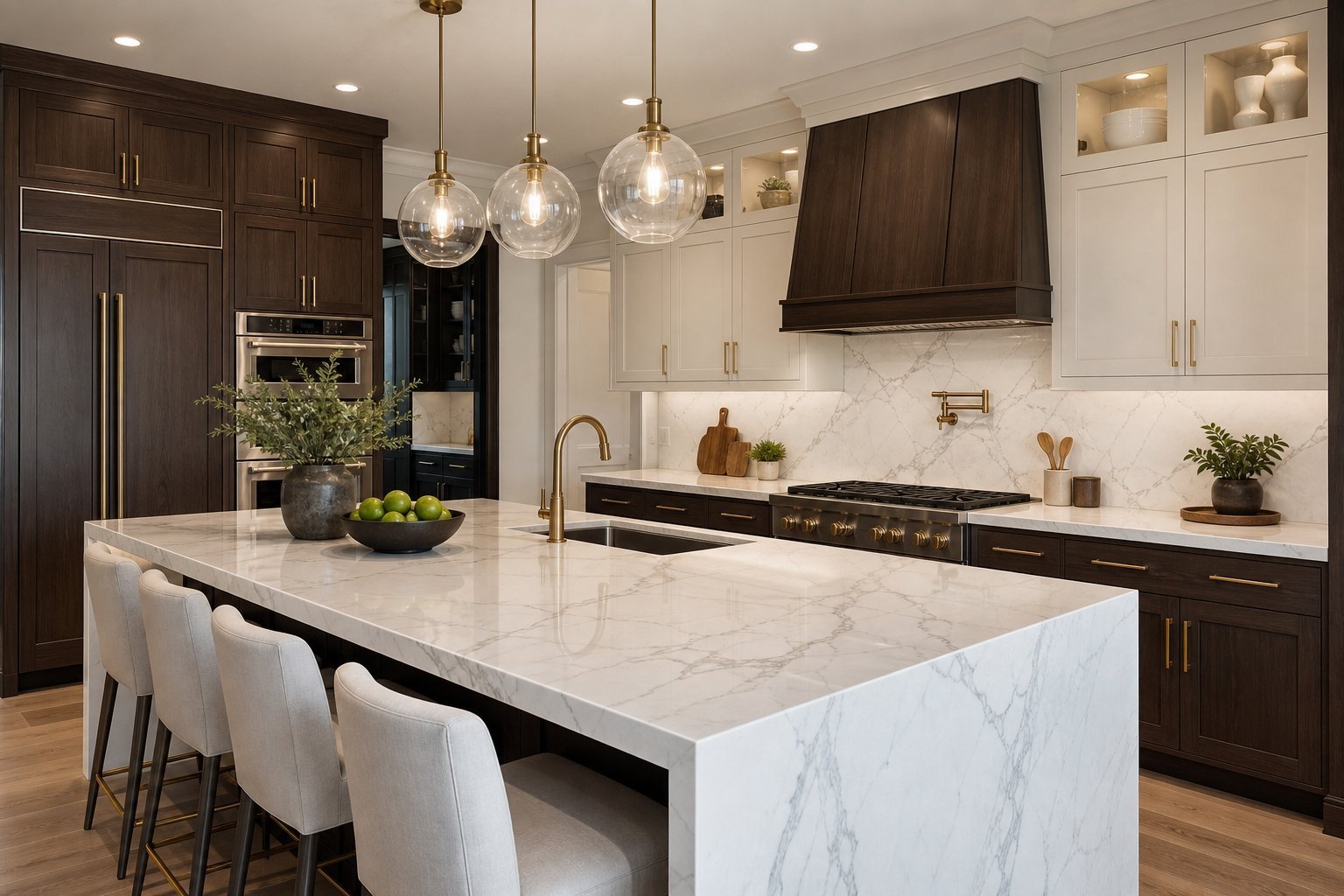 Custom kitchen remodel with marble waterfall island