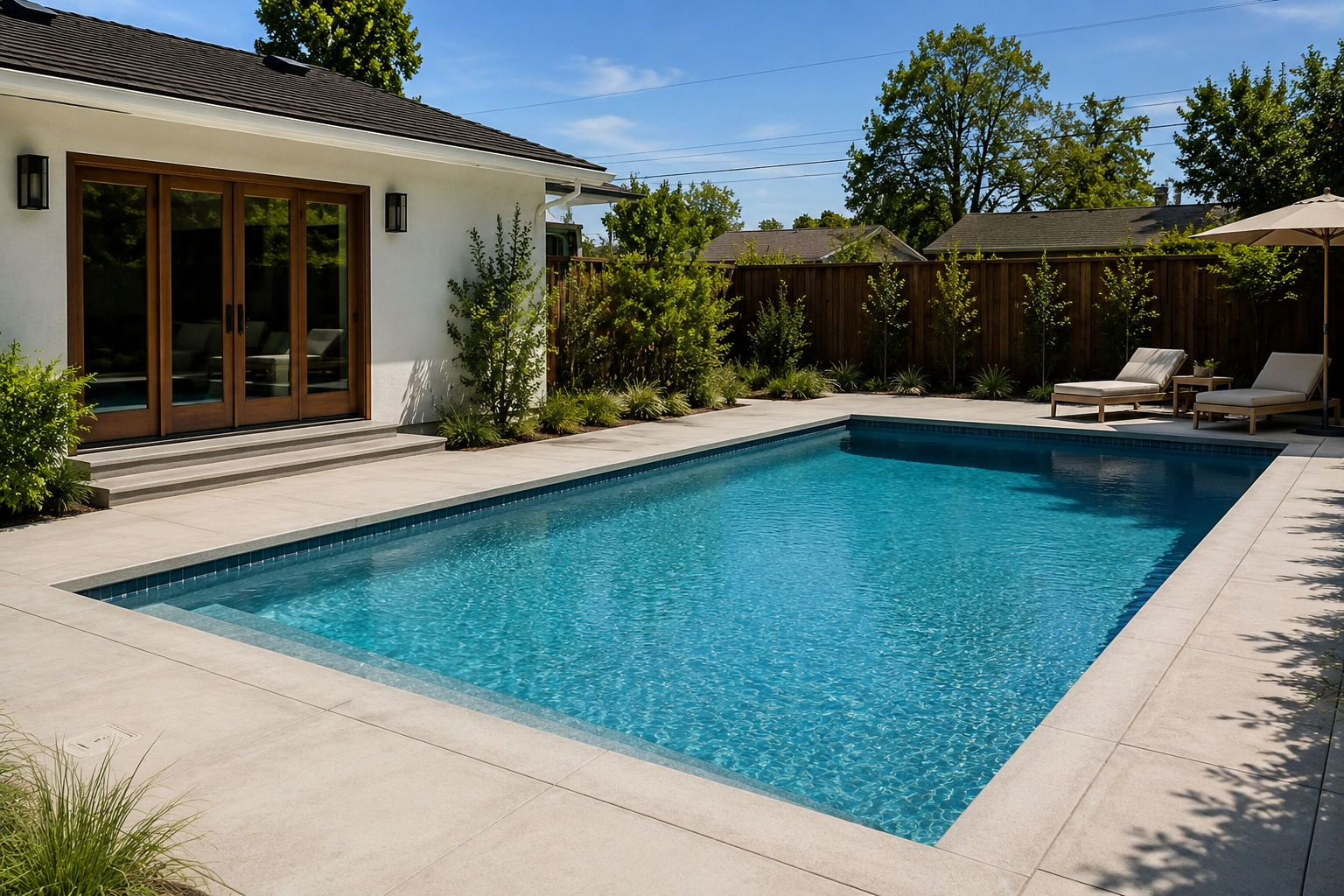 Backyard pool with French doors
